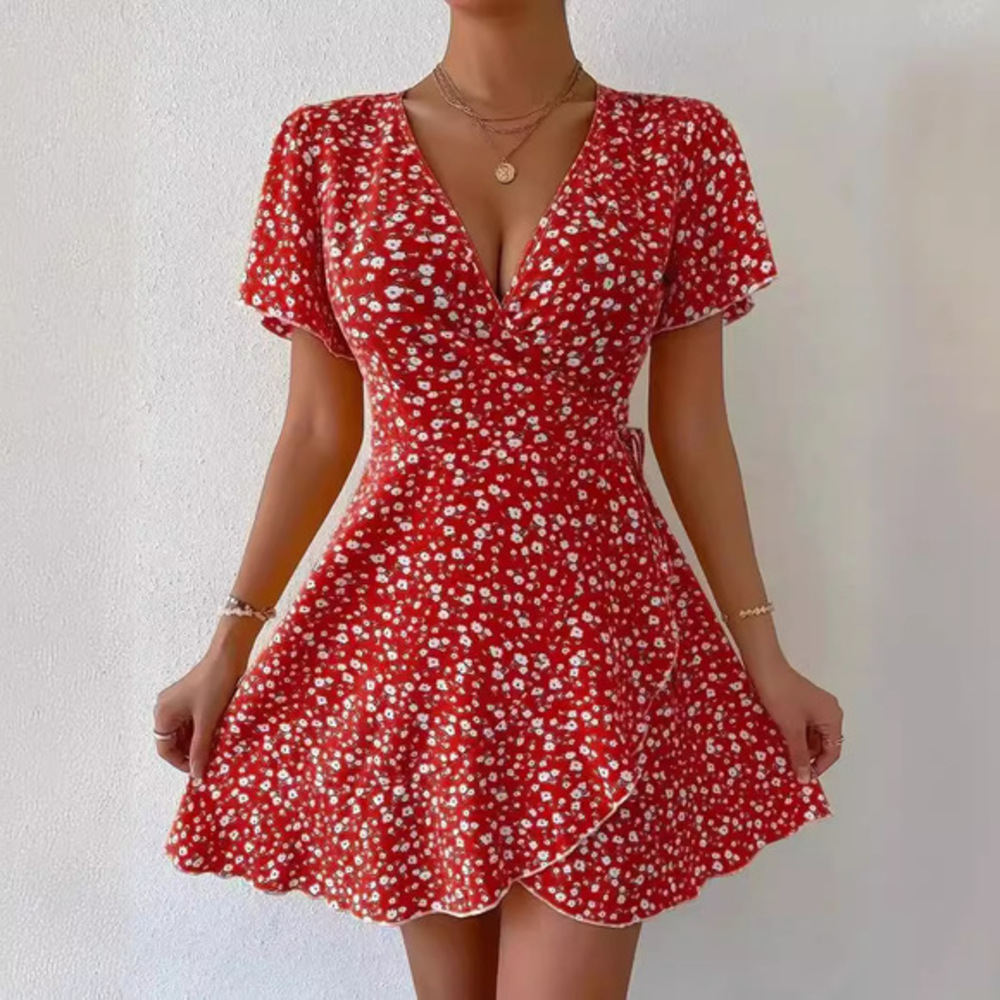Women's Red Floral V-Neck Short-Sleeve Tie-Waist Mini Dress